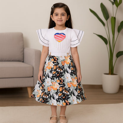 Girls Floral Print with Embellished Heart Print Casual Dress