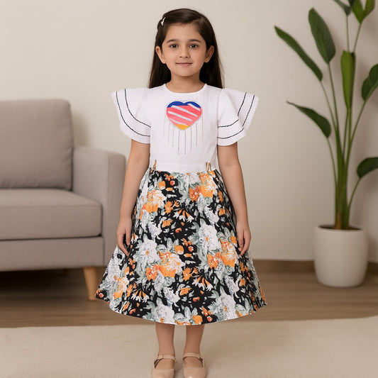 Girls Floral Print with Embellished Heart Print Casual Dress