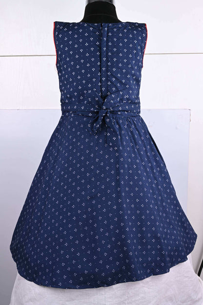 Girls White & Navy Blue Cotton Printed Sleeveless Dress with Floral Detail | Soft & Breathable Kids Casual Party Dress