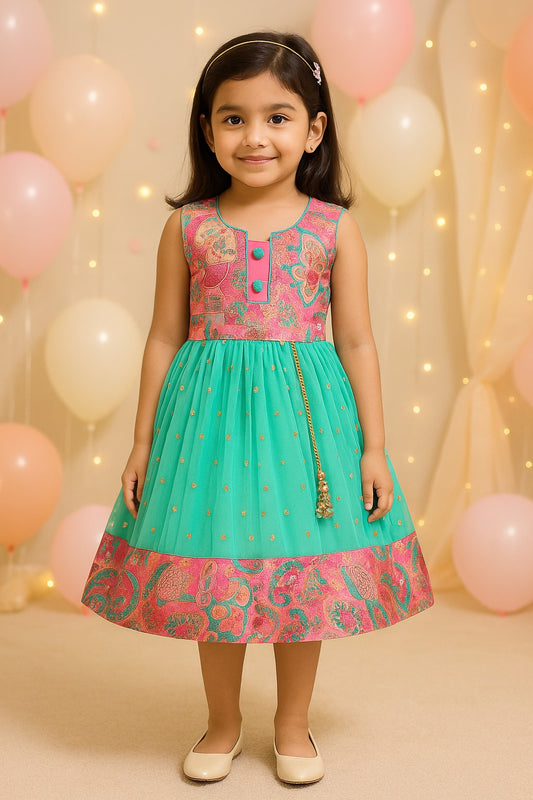 Girls Floral Zari Sequin Flared Dress