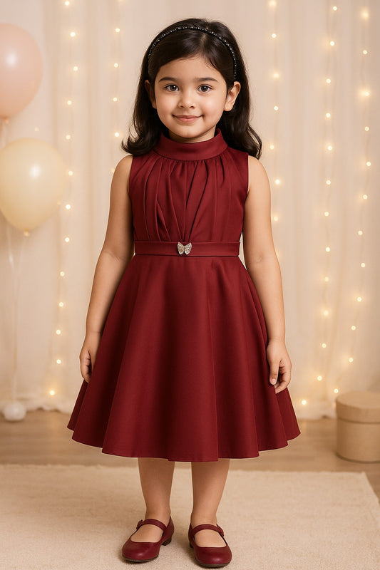 Girls Solid Pleated Fit and Flare Frock Dress