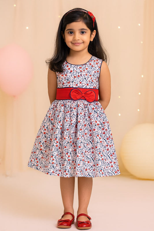 Girls Floral Printed Fit and Flare dress with bow detail