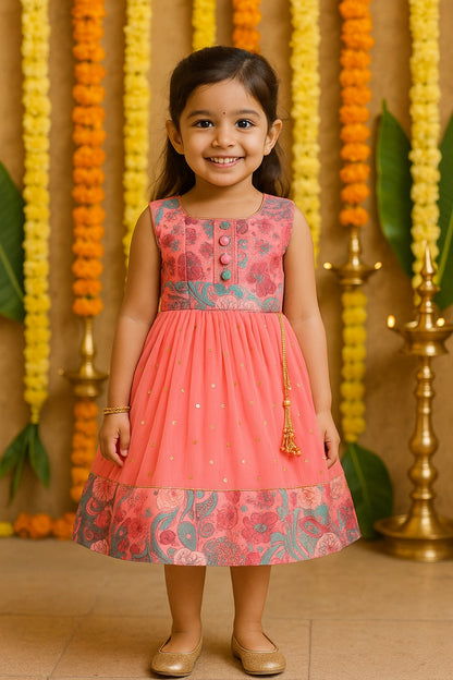 Girls Floral Design Sequin Flared Dress