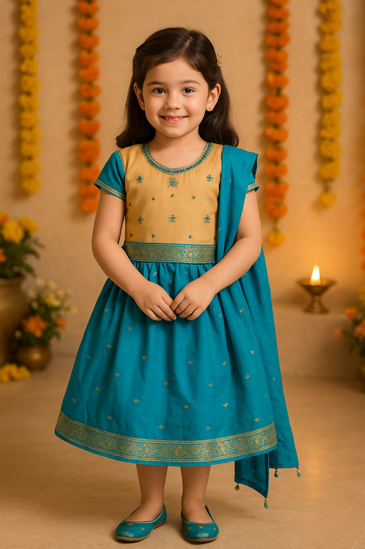 Girls Zari Border and Beaded Lehenga Choli Duppatta Set