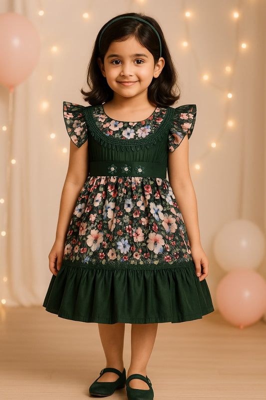 Girls Floral Print Casual Dress with Ruffled Hem