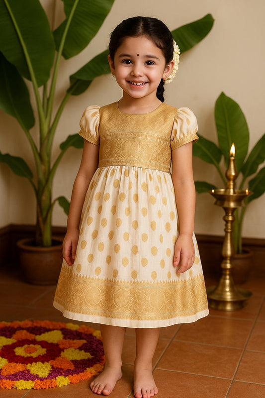 Baby Girls Golden Zari Pleated Onam Frock Dress
