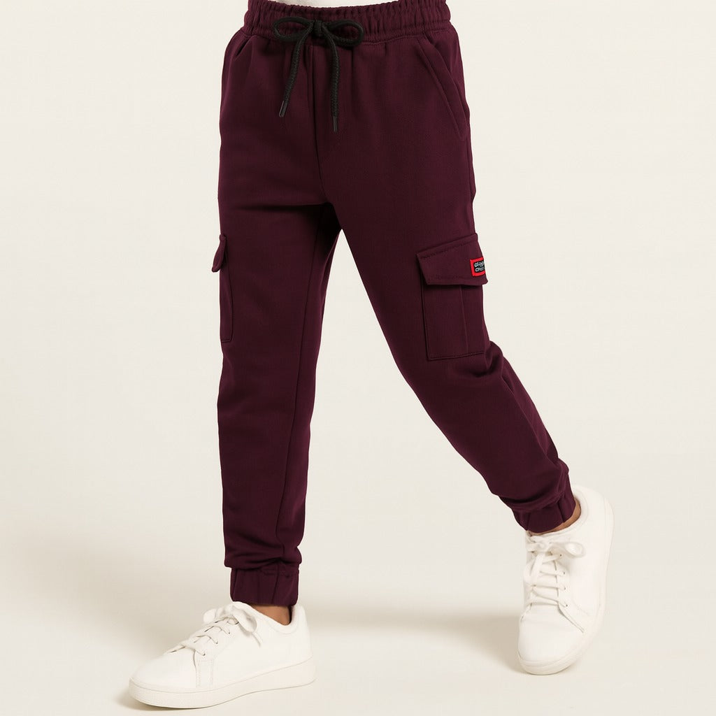 Boys Solid Cotton Cargo Trousers With Drawstrings
