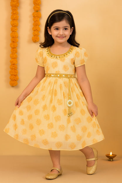 Girls Floral Printed Mirror Embellished Ethnic Dress