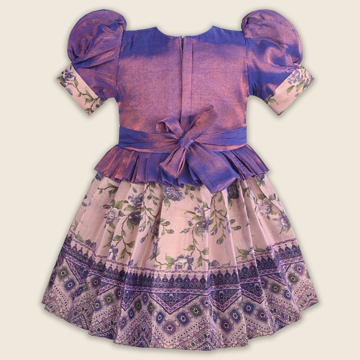 Girls Bead Embellished Printed Silk Ethnic Dress - 1