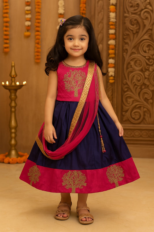 Girls Embroidered Fit and Flare Dress With Dupatta