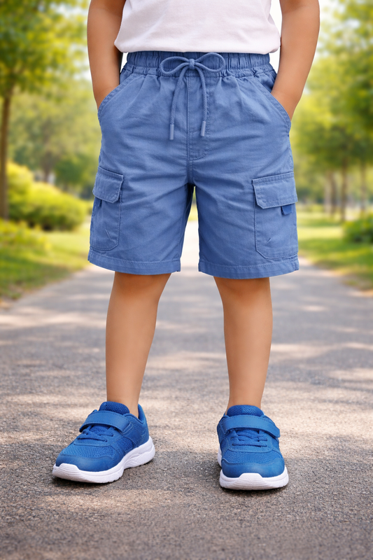 Boys Cotton Denim Cargo Shorts with Drawstring Waist