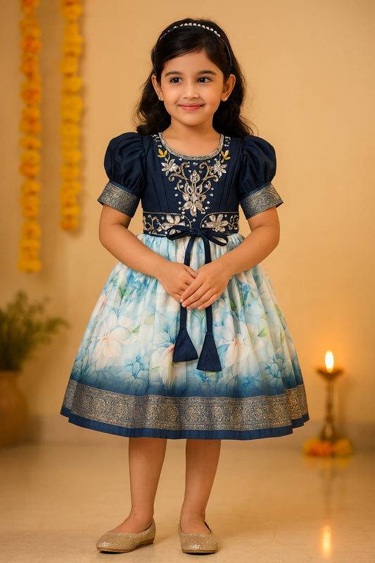 Girls Bead Embellished Floral Zari Ethnic Dress fep3530