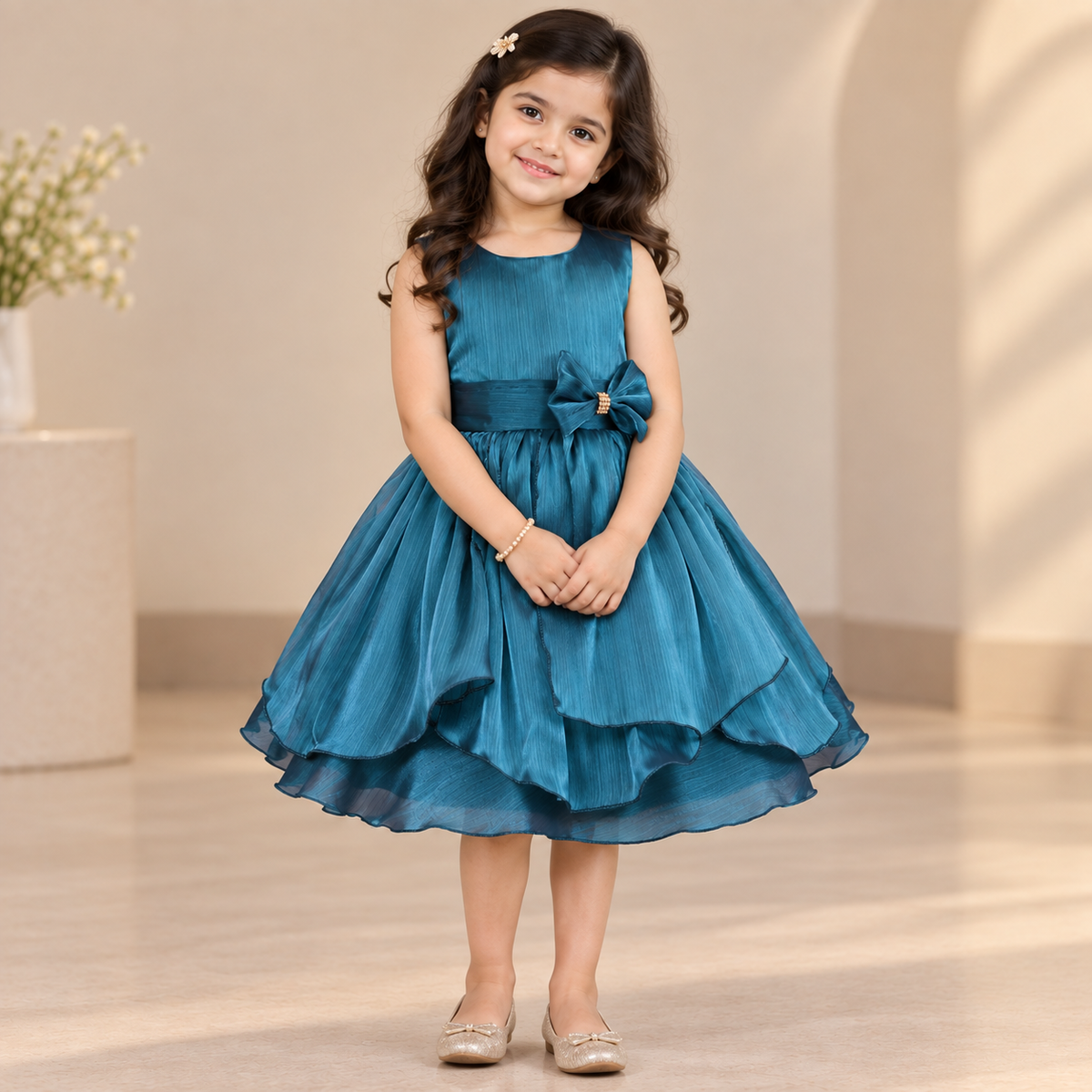 Girls Solid Pleated Satin Fit and Flare Frock Dress