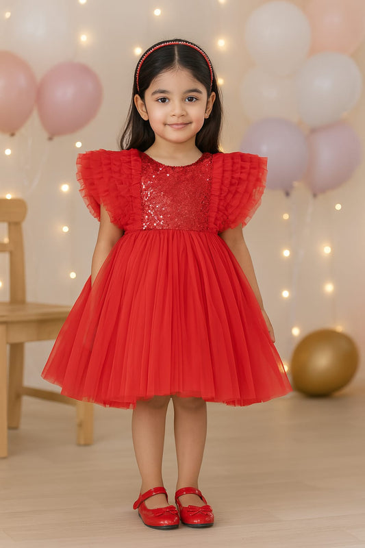 Girls Knee Length Net Sequin Print Frock Dress