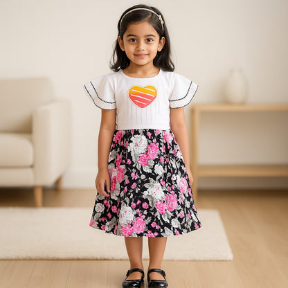 Girls Floral Print with Embellished Heart Print Casual Dress