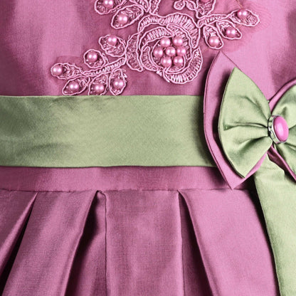 Girls Pleated Bow Pearl Embellished Party Dress