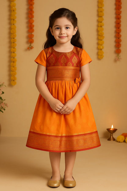 Girls Woven Zari Short Sleeve Round Neck Ethnic Dress