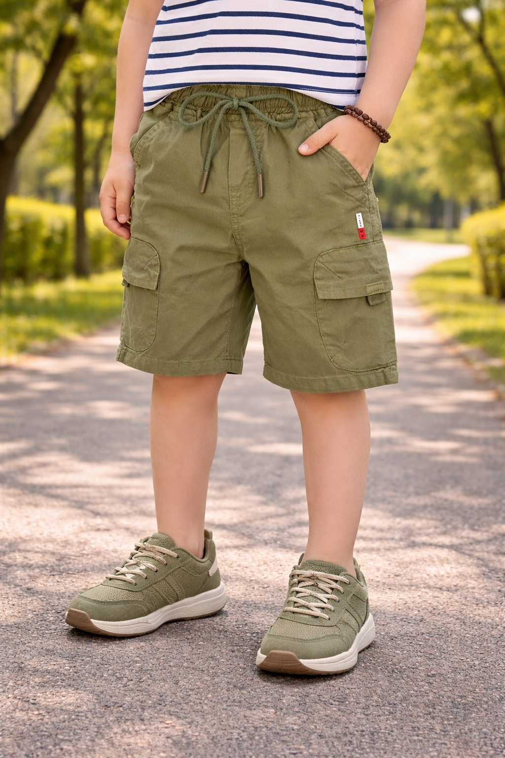 Boys Cotton Denim Cargo Shorts with Drawstring Waist
