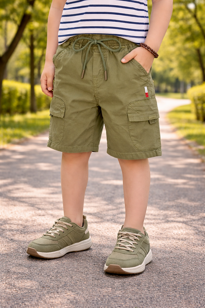 Boys Cotton Denim Cargo Shorts with Drawstring Waist