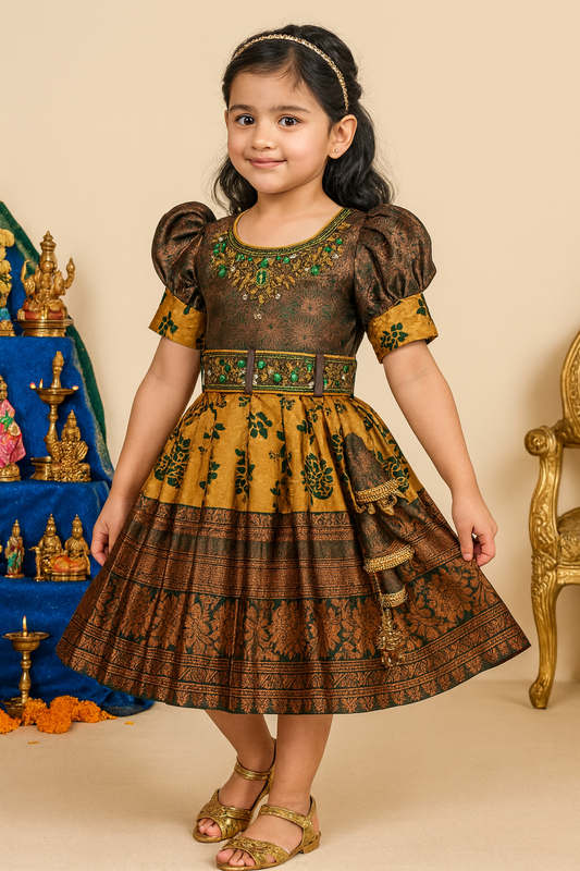 Girls Art Silk Pattu Frock â€“ Green & Mustard Traditional Dress with Embroidery and Zari Border