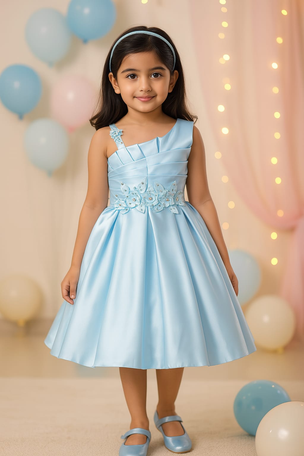 Girls Satin Embellished Flower Detailed Fit and Flare Dress