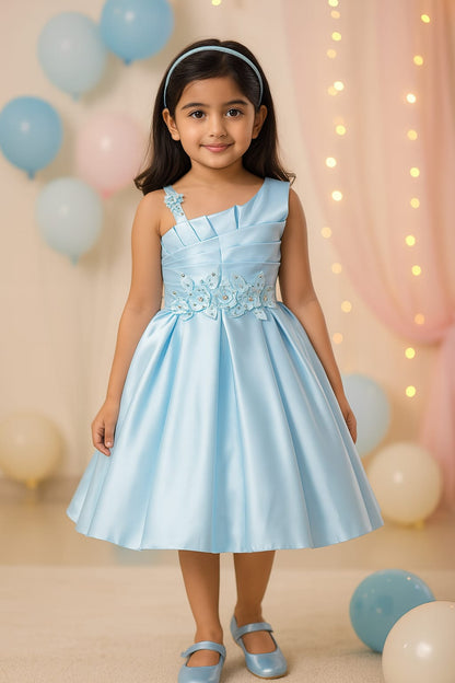 Girls Satin Embellished Flower Detailed Fit and Flare Dress