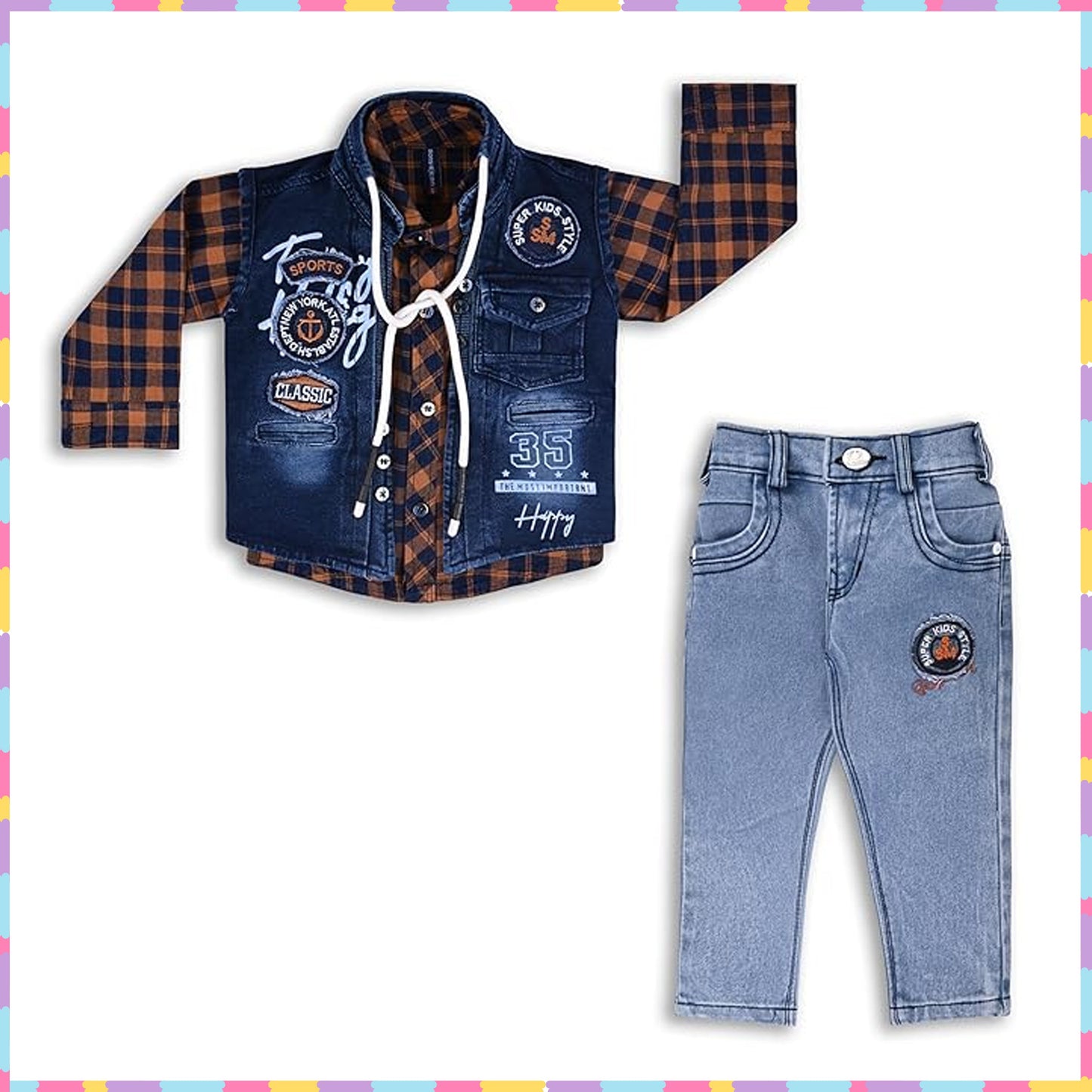 Boys Checked Shirt Clothing Set With Denim Waist Coat