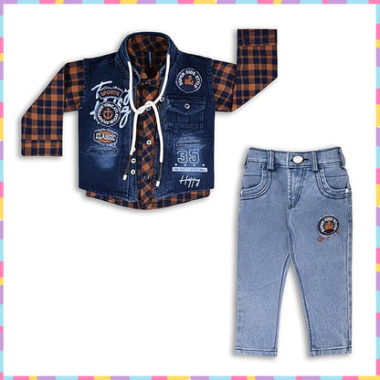 Boys Checked Shirt Clothing Set With Denim Waist Coat