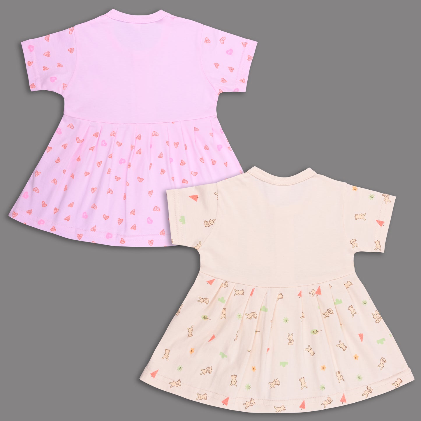 Baby Girls Hosiery Cotton Printed Frock Dress Combo (Pack of 2) – Pink & Cream Cartoon Print