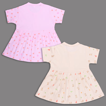 Baby Girls Hosiery Cotton Printed Frock Dress Combo (Pack of 2) – Pink & Cream Cartoon Print