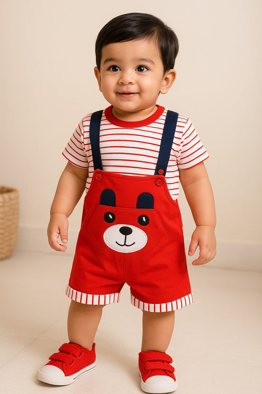 Boys Striped Printed Cotton Dungaree Set