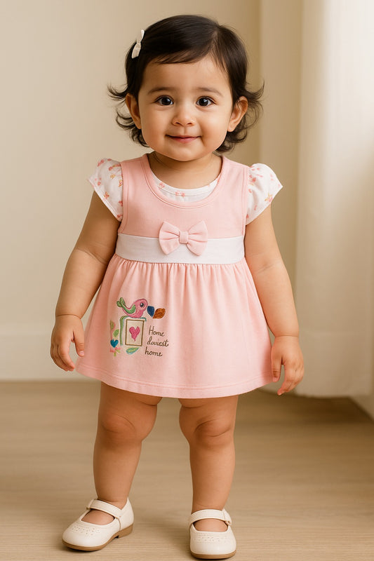 Girls Embroidered Sleeveless Frock Dress with Brief - Baby Pink