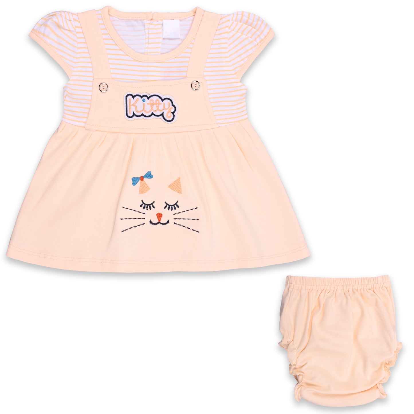 Girls Stripes and Embroidered Cap Sleeve Frock Dress comes With brief.