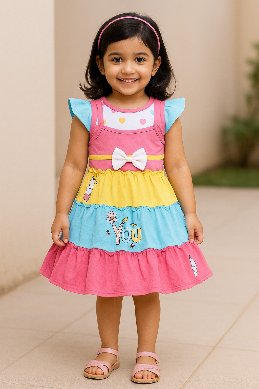 Girls Printed Fit and Flare Cap Sleeve Frock Dress