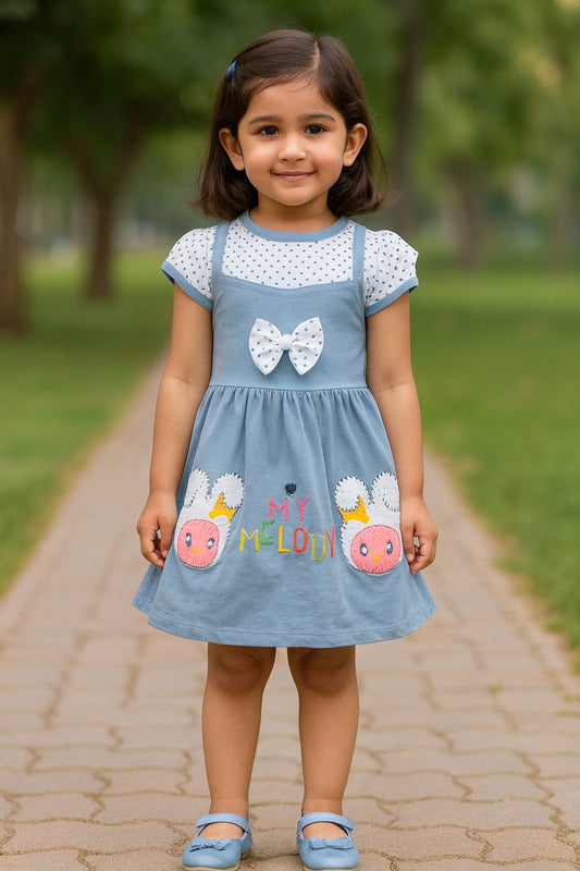 Girls Embroidered Cartoon Bow Cotton Casual Dress