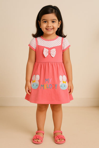 Girls Embroidered Cartoon Bow Cotton Casual Dress
