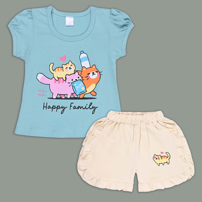 Girls Cat Print Cotton T-shirt and Ruffle Shorts Set