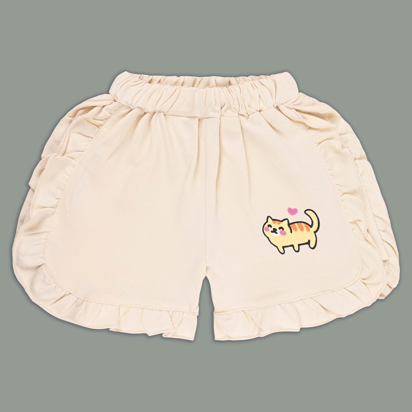 Girls Cat Print Cotton T-shirt and Ruffle Shorts Set