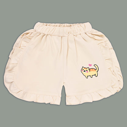 Girls Cat Print Cotton T-shirt and Ruffle Shorts Set
