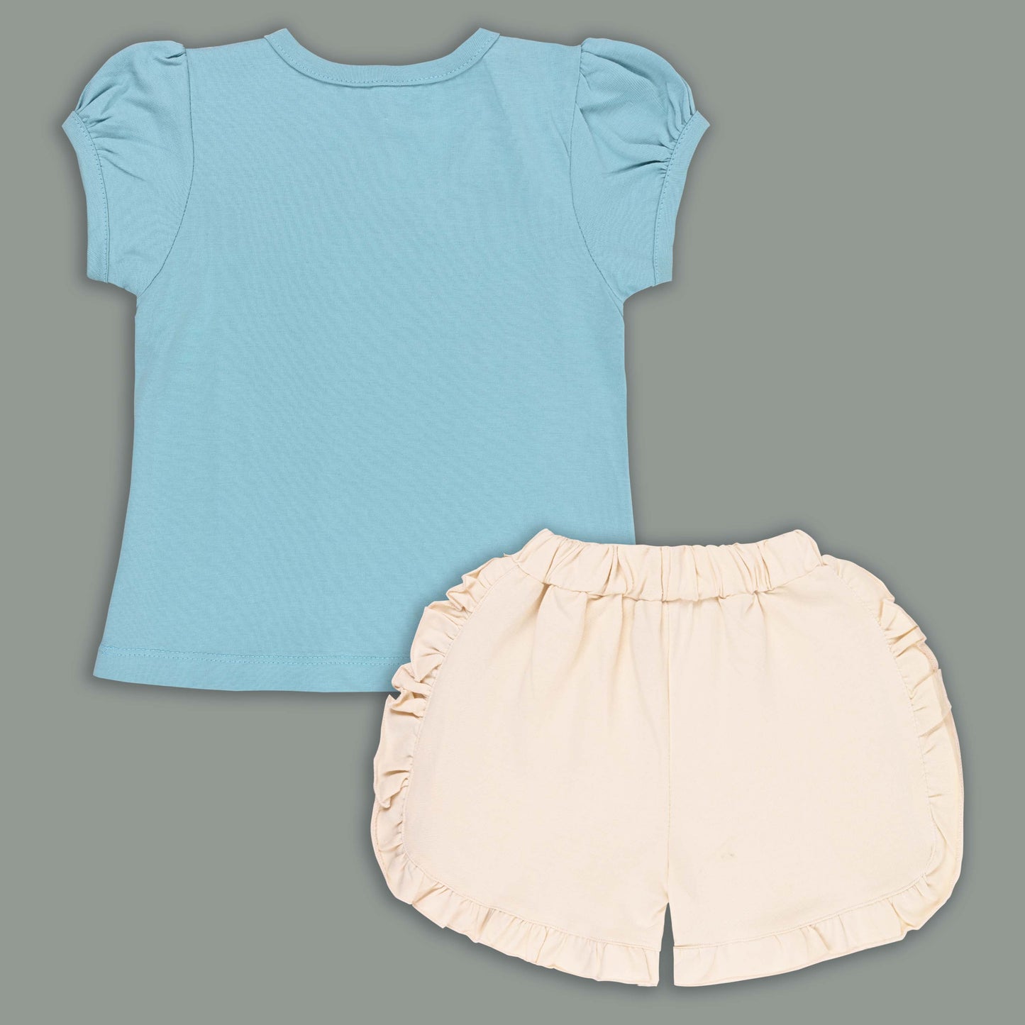 Girls Cat Print Cotton T-shirt and Ruffle Shorts Set