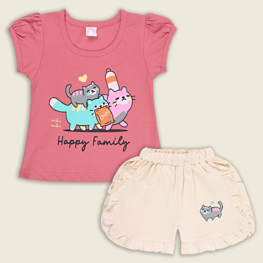 Girls Cat Print Cotton T-Shirt and Ruffle Shorts Set - Pink
