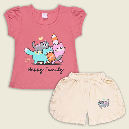 Girls Cat Print Cotton T-shirt and Ruffle Shorts Set