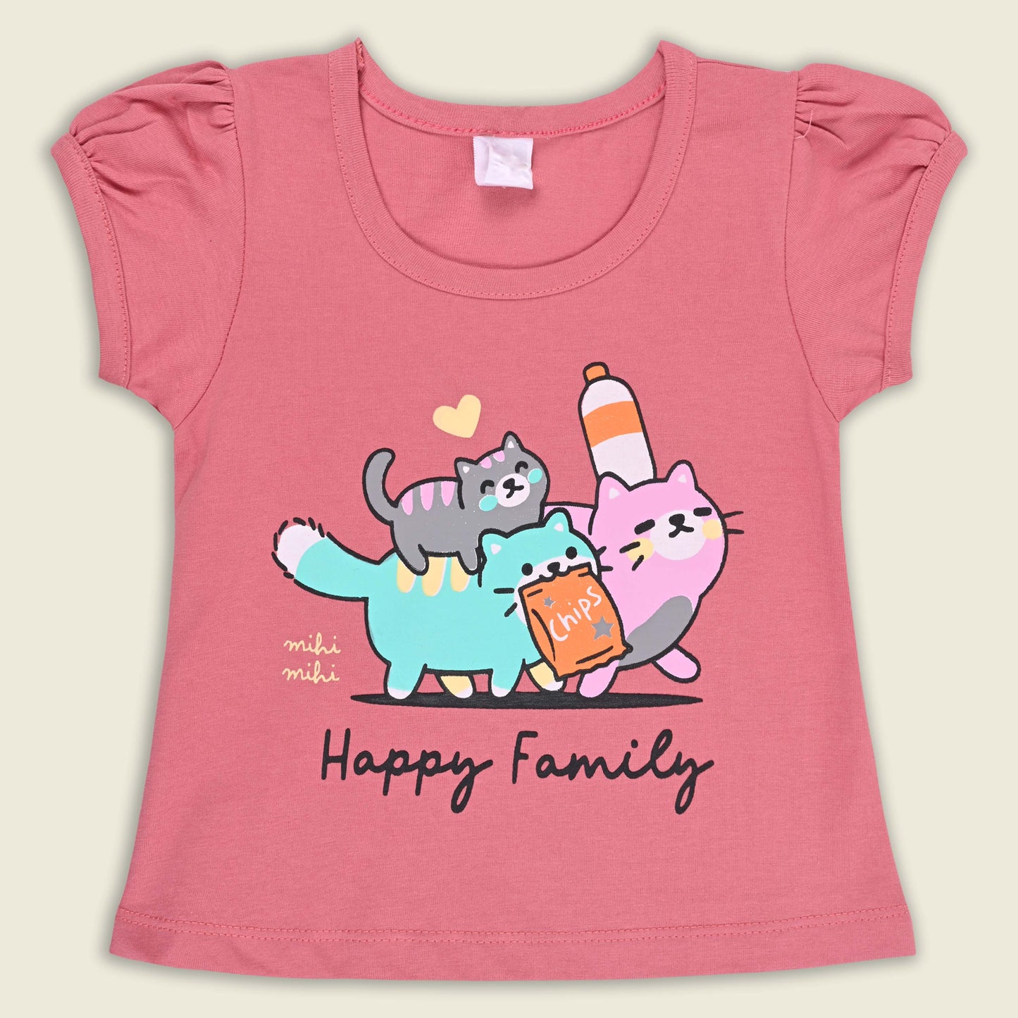 Girls Cat Print Cotton T-shirt and Ruffle Shorts Set