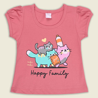 Girls Cat Print Cotton T-shirt and Ruffle Shorts Set