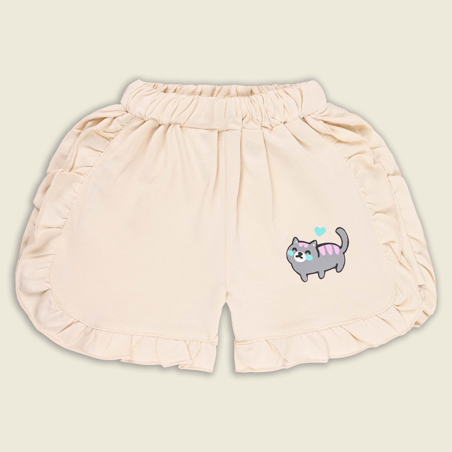 Girls Cat Print Cotton T-shirt and Ruffle Shorts Set