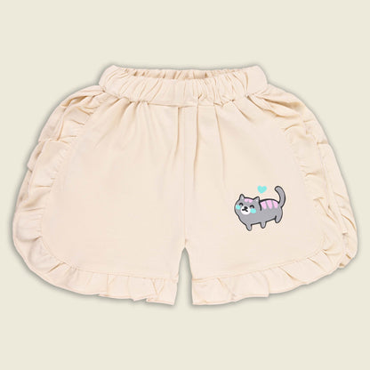 Girls Cat Print Cotton T-shirt and Ruffle Shorts Set
