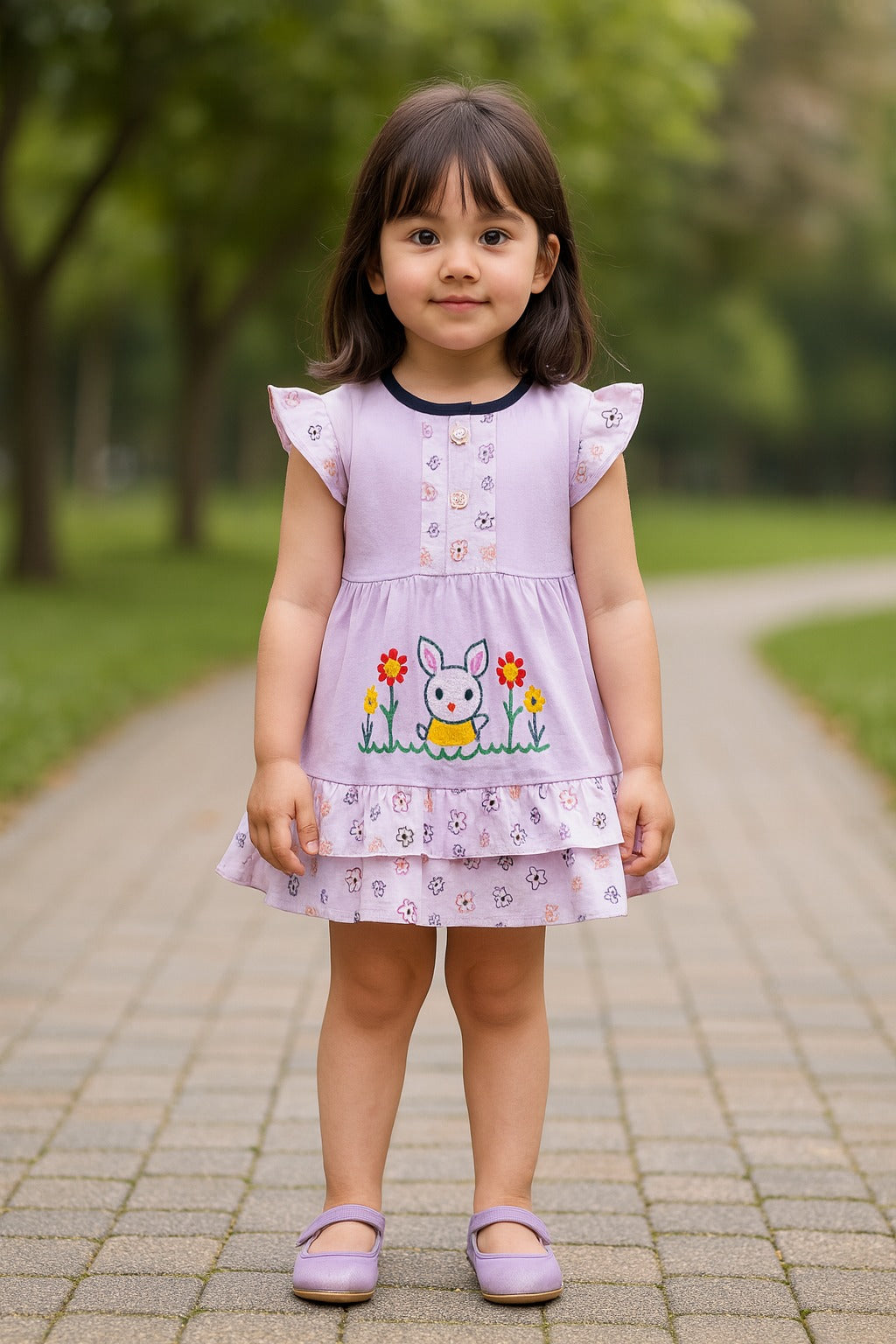 Girls Embroidered Cap Sleeve Frock Dress With Brief