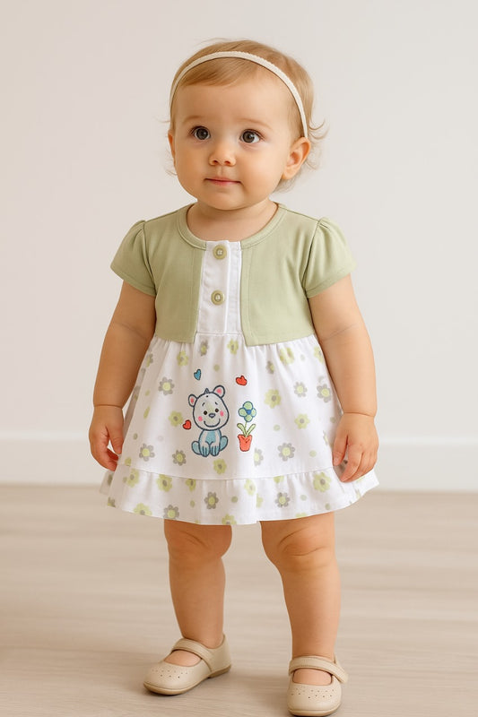 Girls Floral Print A-Line Frock Dress with Brief - Green