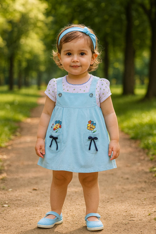 Baby Girls Embroidered A-Line Frock Dress with Brief - Light Blue