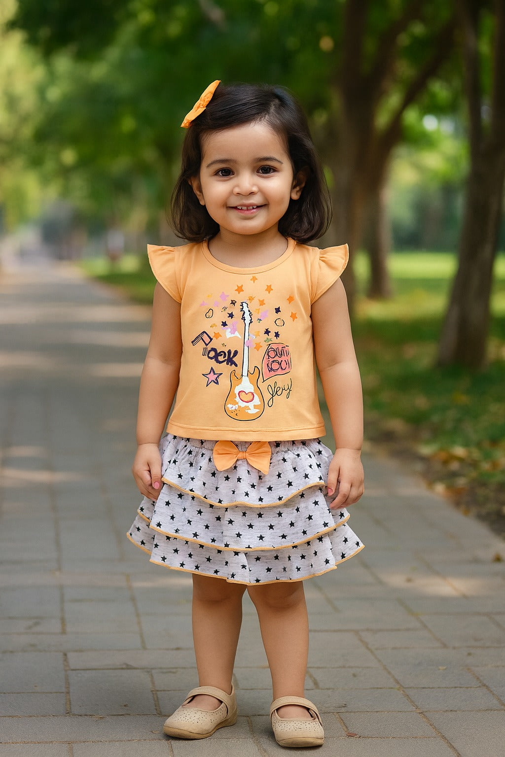 Girls Printed T-Shirt And Polka Dot Printed Skirt